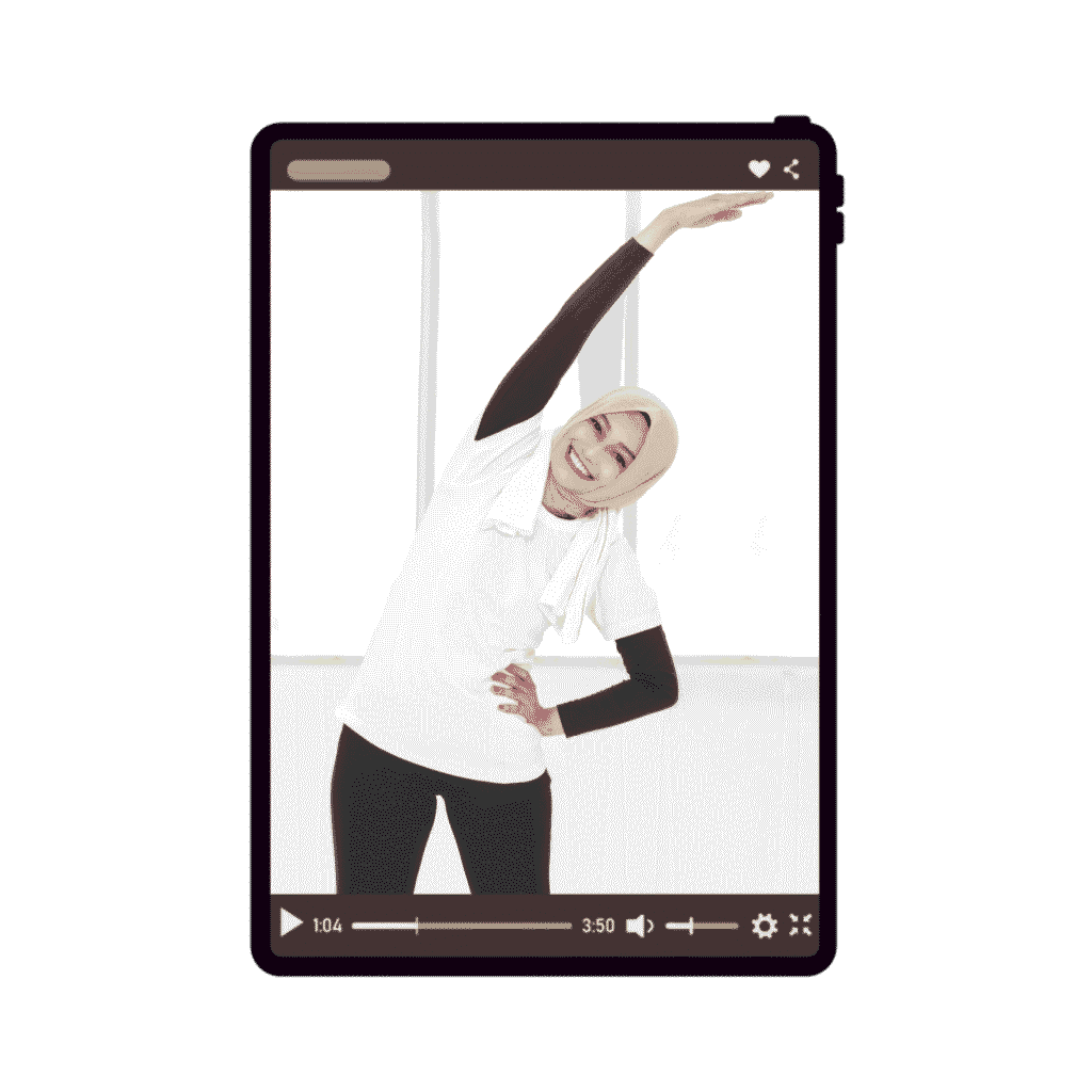 Muslim woman in hijab doing a gentle home workout with a relaxed and happy expression, representing hormone-friendly and cycle-aligned exercises.